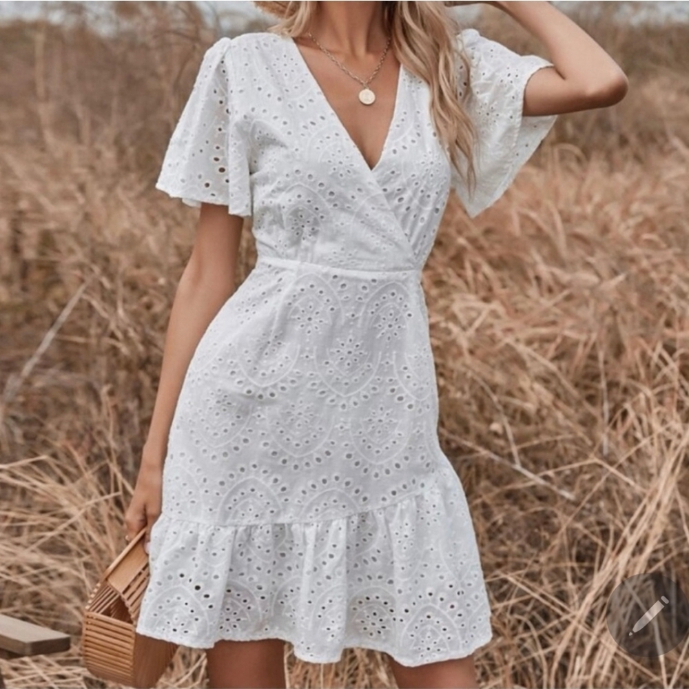 Japna White Eyelet V‑Neck Wrap Dress